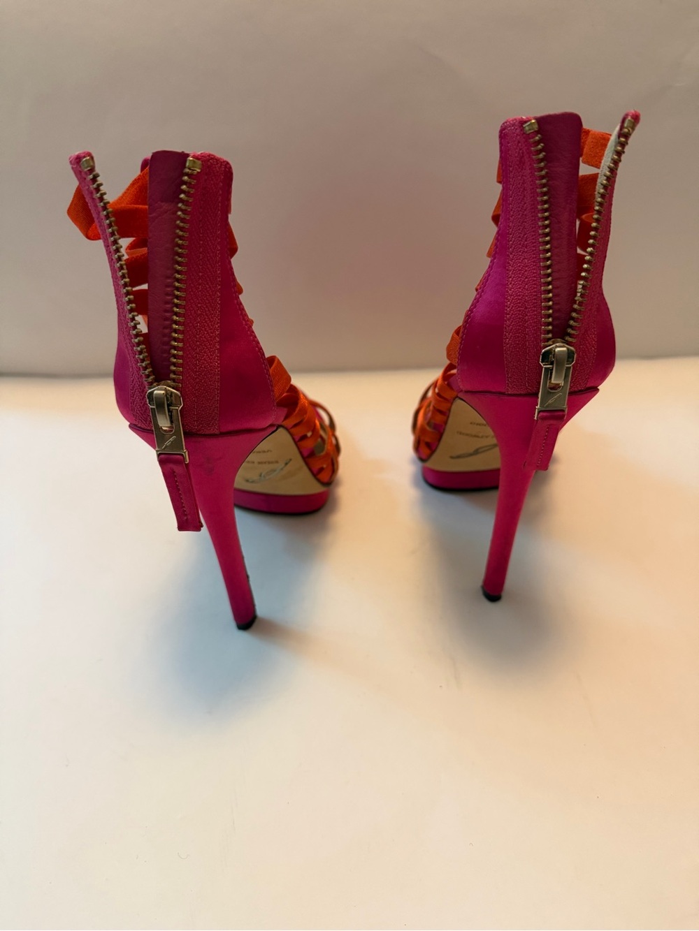 Brian Atwood Hot Pink & Orange Strappy Stiletto Heels